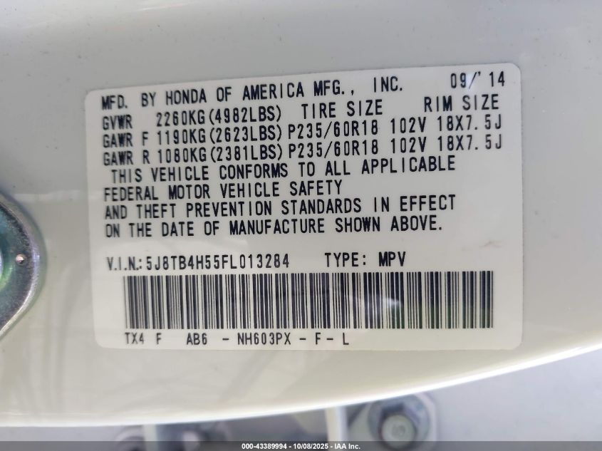 2015 Acura Rdx VIN: 5J8TB4H55FL013284 Lot: 43389994