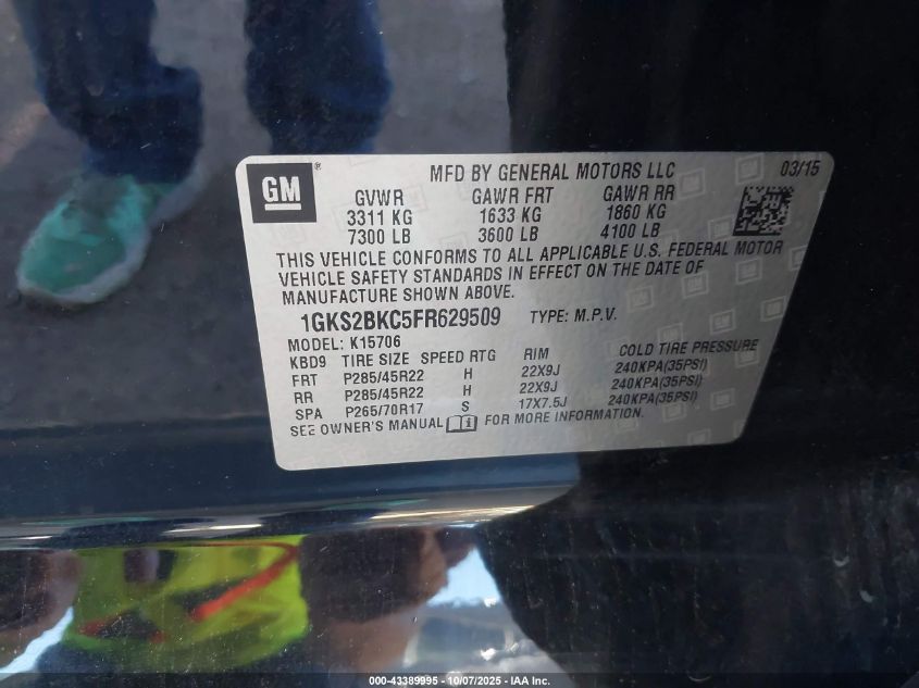 2015 GMC Yukon Slt VIN: 1GKS2BKC5FR629509 Lot: 43389995