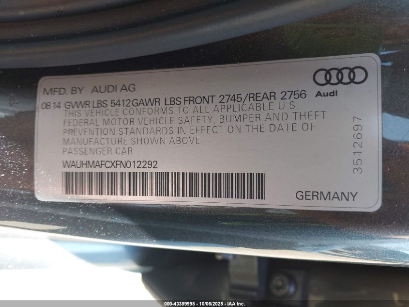 2015 Audi A6 3.0 Tdi Premium Plus VIN: WAUHMAFCXFN012292 Lot: 43389998