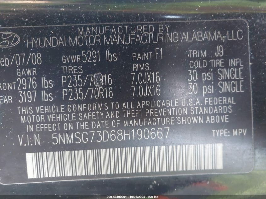 2008 Hyundai Santa Fe Gls VIN: 5NMSG73D68H190667 Lot: 43390001