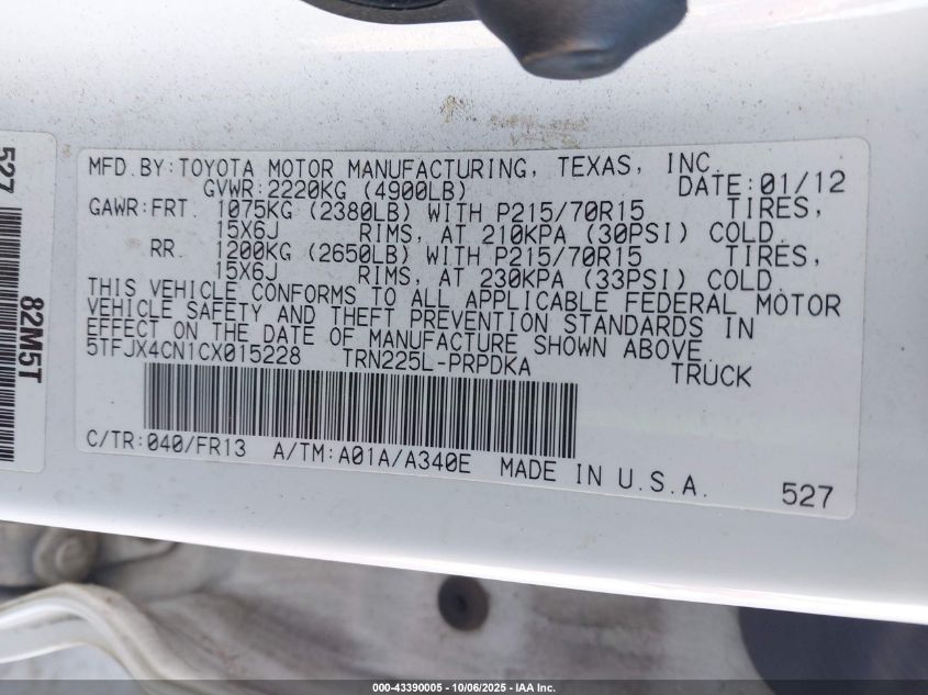 2012 Toyota Tacoma VIN: 5TFJX4CN1CX015228 Lot: 43390005