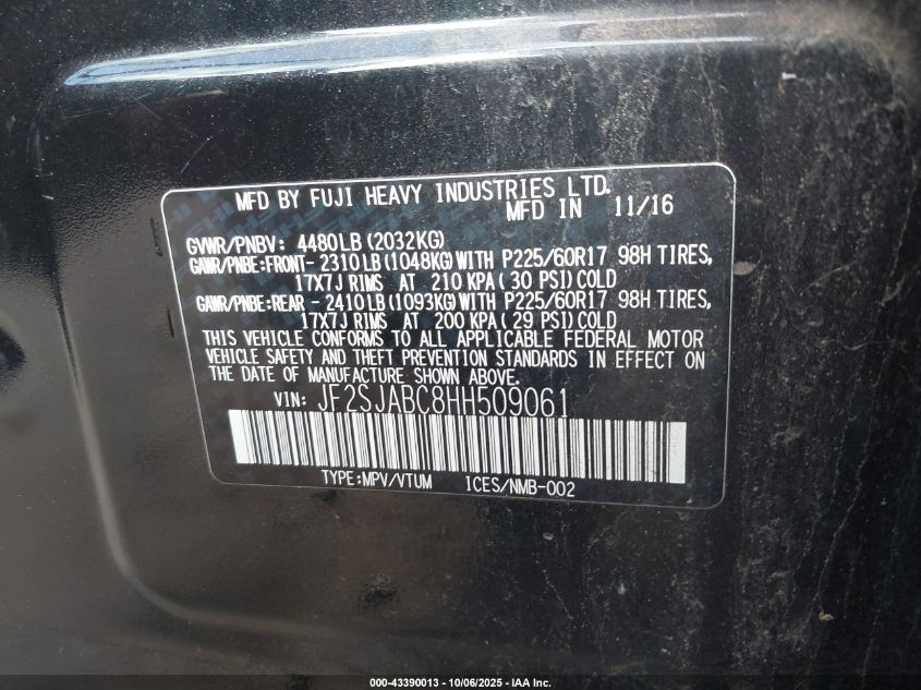 2017 Subaru Forester 2.5I VIN: JF2SJABC8HH509061 Lot: 43390013