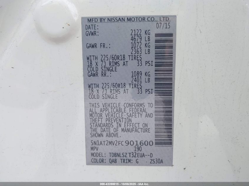 2015 Nissan Rogue Sl VIN: 5N1AT2MV2FC901600 Lot: 43390015