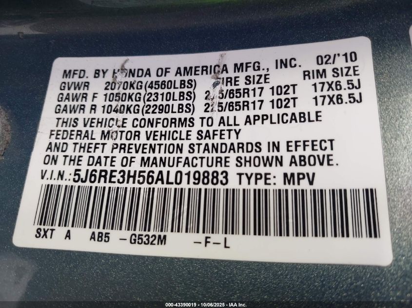2010 Honda Cr-V Ex VIN: 5J6RE3H56AL019883 Lot: 43390019