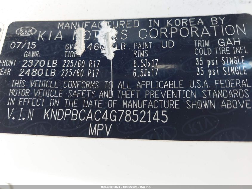2016 Kia Sportage Lx VIN: KNDPBCAC4G7852145 Lot: 43390021