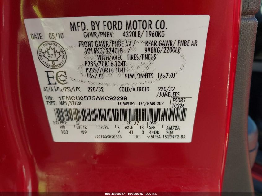 2010 Ford Escape Xlt VIN: 1FMCU0D75AKC92299 Lot: 43390027