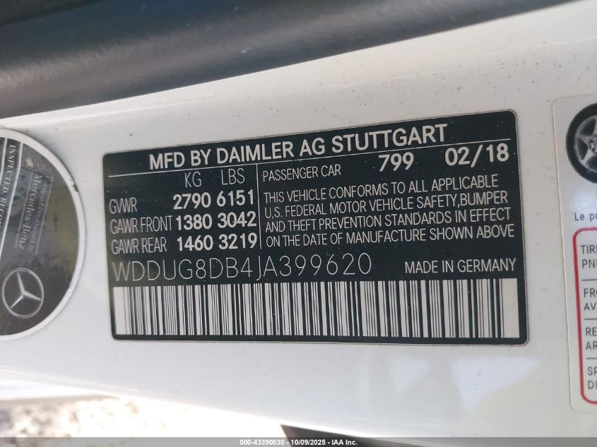 2018 Mercedes-Benz S 560 VIN: WDDUG8DB4JA399620 Lot: 43390030