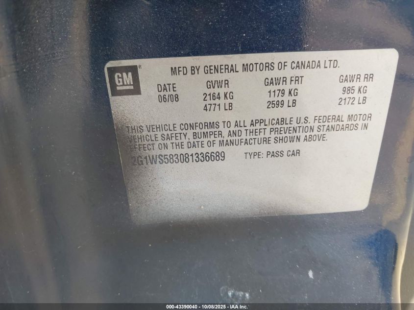 2008 Chevrolet Impala Police VIN: 2G1WS583081336689 Lot: 43390040