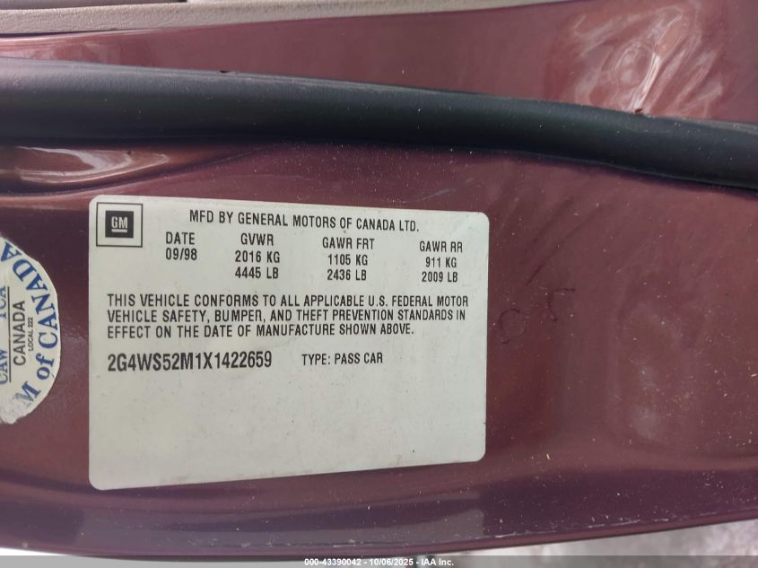1999 Buick Century Custom VIN: 2G4WS52M1X1422659 Lot: 43390042