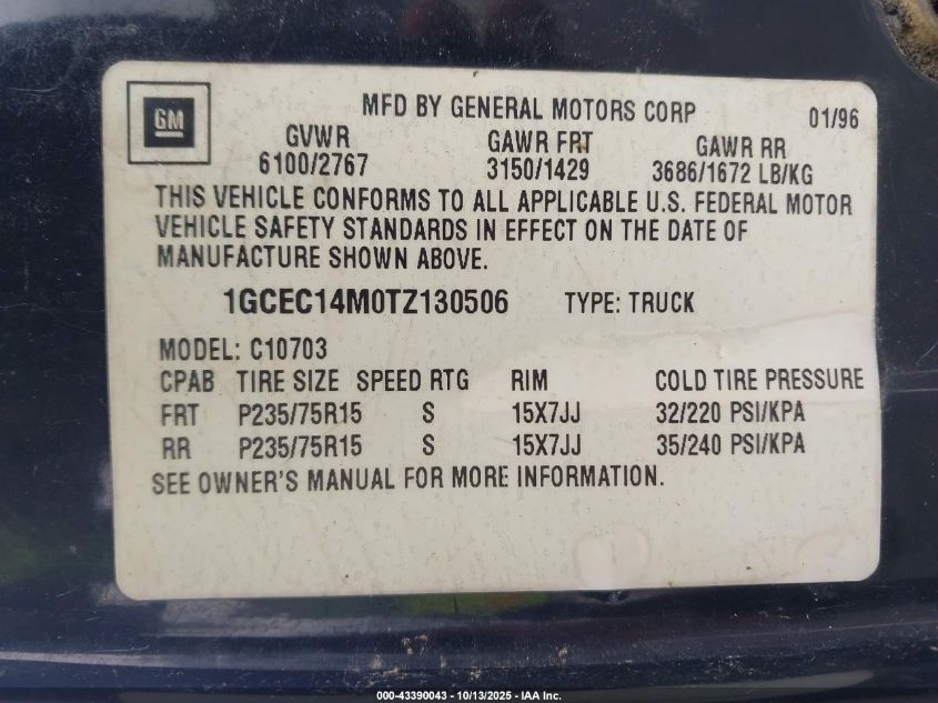 1996 Chevrolet Gmt-400 C1500 VIN: 1GCEC14M0TZ130506 Lot: 43390043