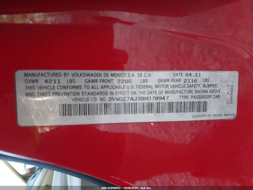 2011 Volkswagen Jetta 2.5L Se VIN: 3VWDZ7AJ3BM378947 Lot: 43390052