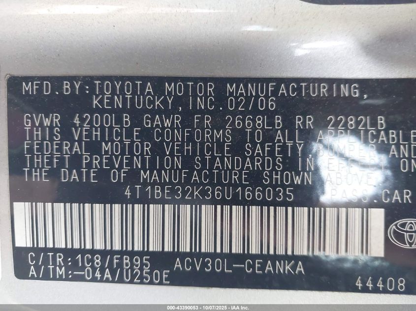 2006 Toyota Camry Le VIN: 4T1BE32K36U166035 Lot: 43390053