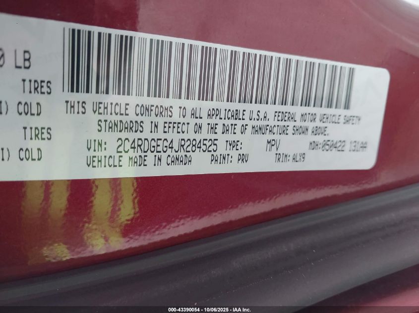 2018 Dodge Grand Caravan Gt VIN: 2C4RDGEG4JR284525 Lot: 43390054