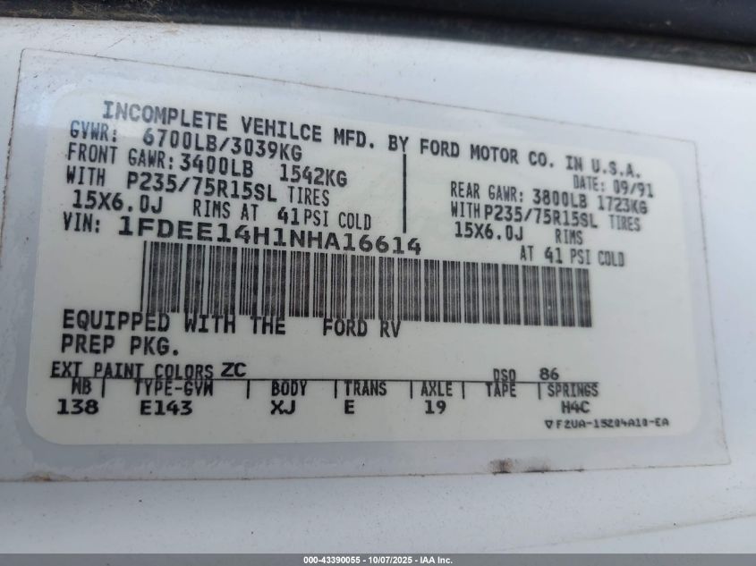 1992 Ford Econoline E150 Van VIN: 1FDEE14H1NHA16614 Lot: 43390055