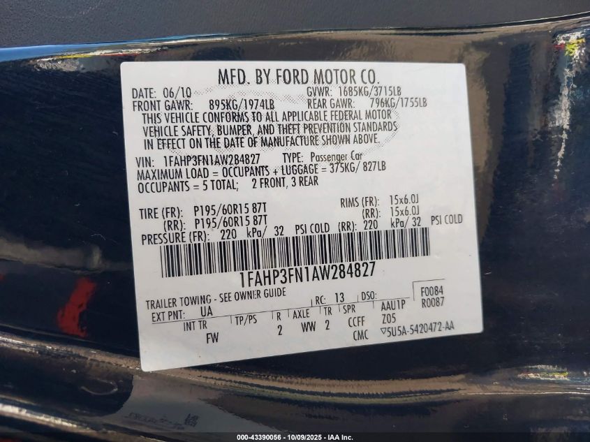 2010 Ford Focus Se VIN: 1FAHP3FN1AW284827 Lot: 43390056