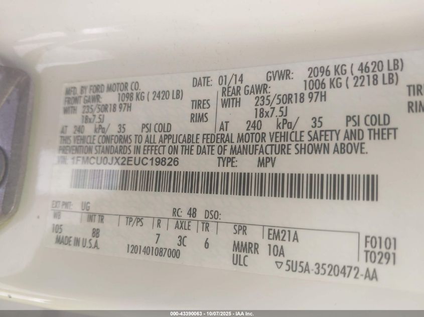 2014 Ford Escape Titanium VIN: 1FMCU0JX2EUC19826 Lot: 43390063