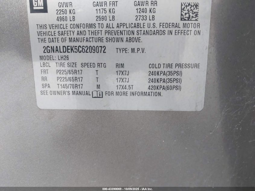 2012 Chevrolet Equinox 1Lt VIN: 2GNALDEK5C6209072 Lot: 43390069