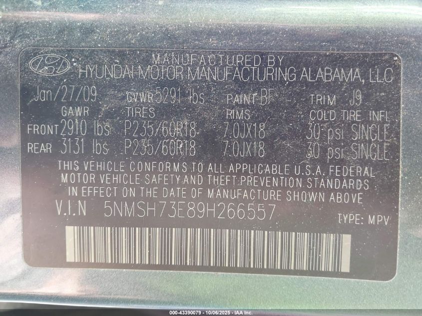 2009 Hyundai Santa Fe Limited VIN: 5NMSH73E89H266557 Lot: 43390079