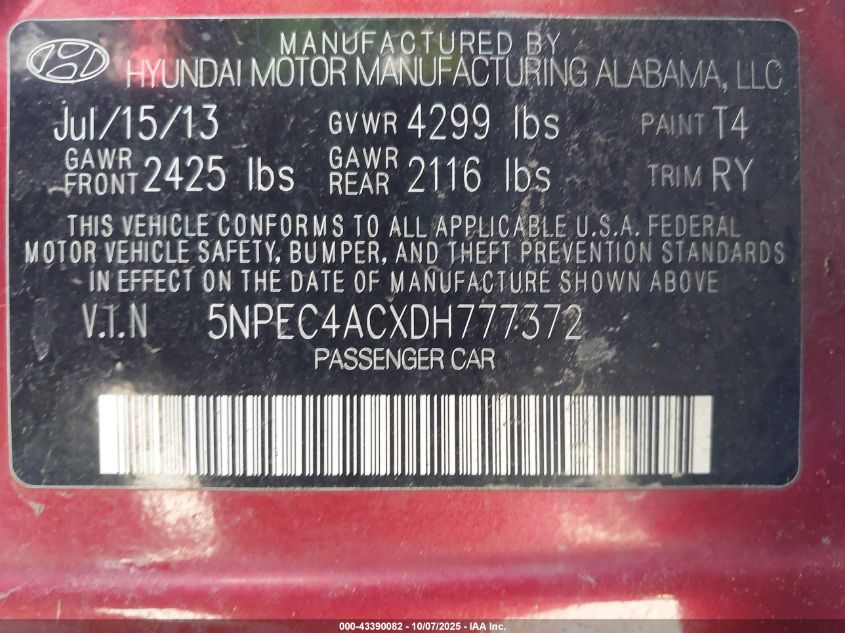 2013 Hyundai Sonata Se VIN: 5NPEC4ACXDH777372 Lot: 43390082