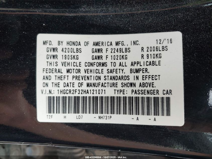 2017 Honda Accord Lx VIN: 1HGCR2F32HA121071 Lot: 43390084