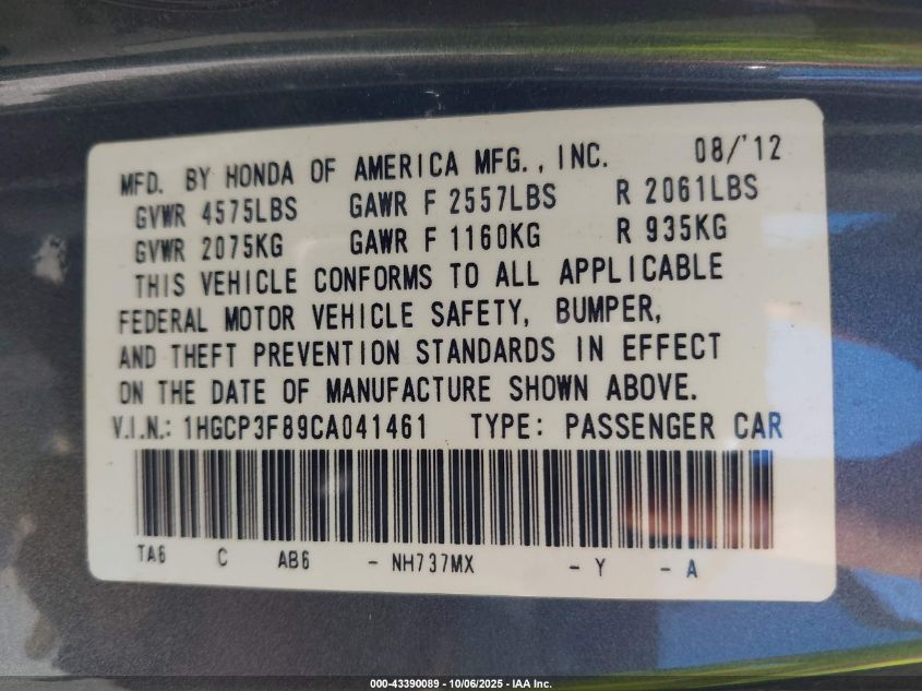 2012 Honda Accord 3.5 Ex-L VIN: 1HGCP3F89CA041461 Lot: 43390089