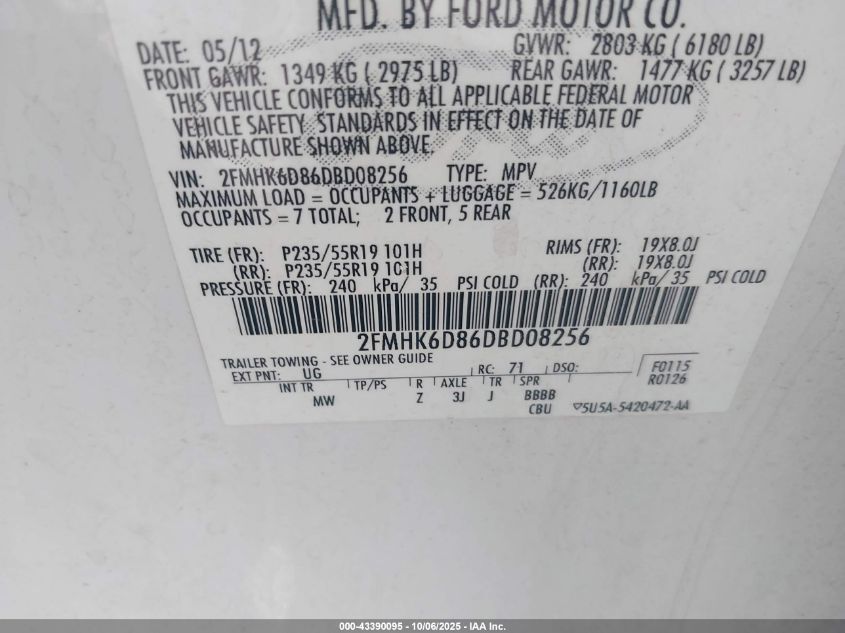 2013 Ford Flex Limited VIN: 2FMHK6D86DBD08256 Lot: 43390095