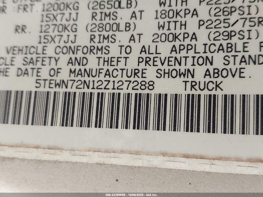 2002 Toyota Tacoma Base V6 VIN: 5TEWN72N12Z127288 Lot: 43390099