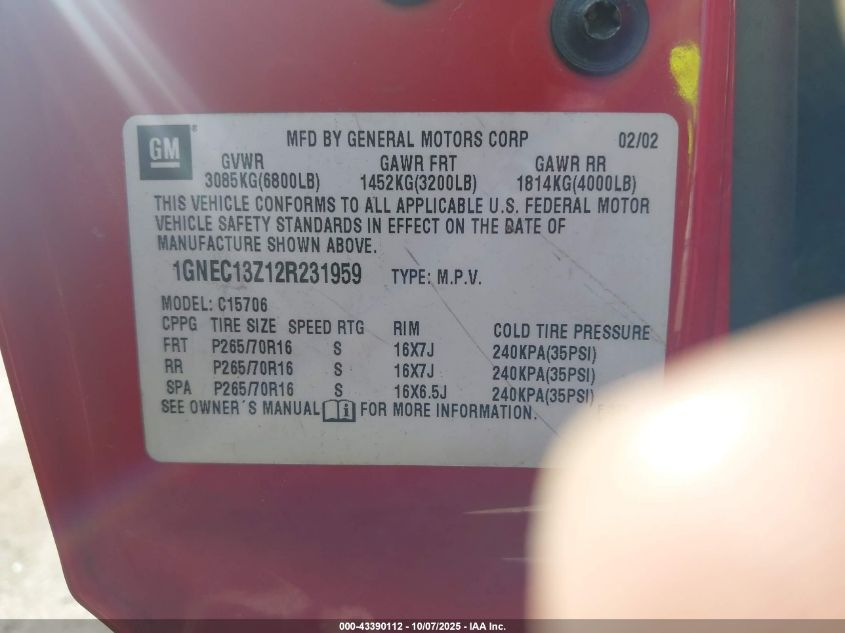 2002 Chevrolet Tahoe Ls VIN: 1GNEC13Z12R231959 Lot: 43390112