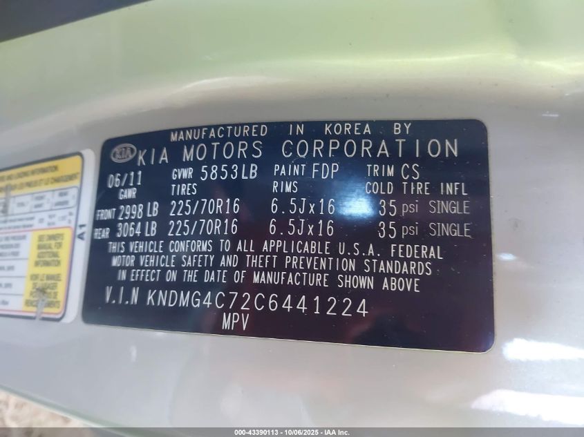 2012 Kia Sedona Lx VIN: KNDMG4C72C6441224 Lot: 43390113