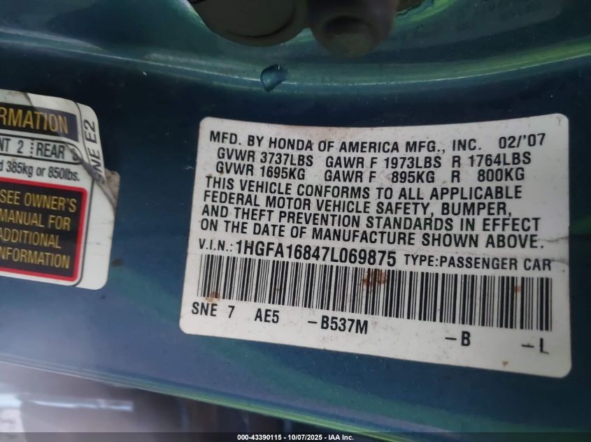 2007 Honda Civic Ex VIN: 1HGFA16847L069875 Lot: 43390115