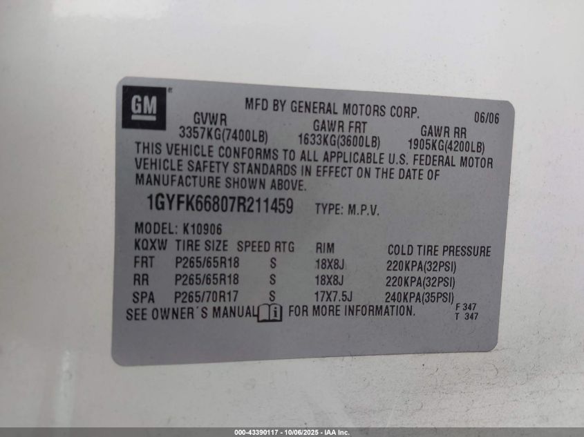 2007 Cadillac Escalade Esv Standard VIN: 1GYFK66807R211459 Lot: 43390117