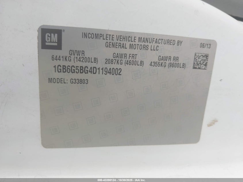 2013 Chevrolet Express Cutaway 4500 VIN: 1GB6G5BG4D1194002 Lot: 43390124