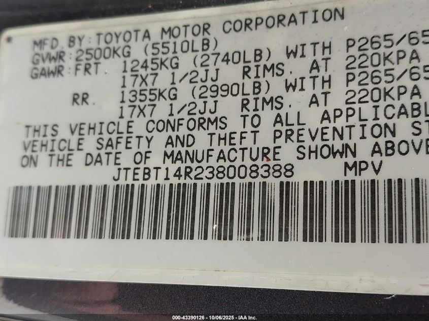2003 Toyota 4Runner Sr5 Sport V8 VIN: JTEBT14R238008388 Lot: 43390126