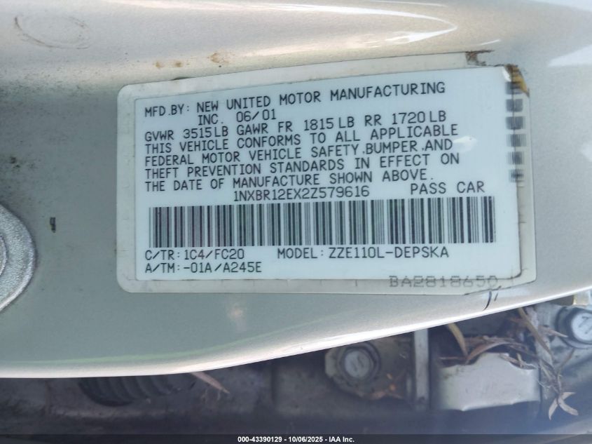 2002 Toyota Corolla S VIN: 1NXBR12EX2Z579616 Lot: 43390129