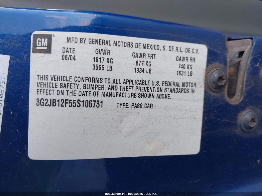2005 Pontiac Sunfire VIN: 3G2JB12F55S106731 Lot: 43390141