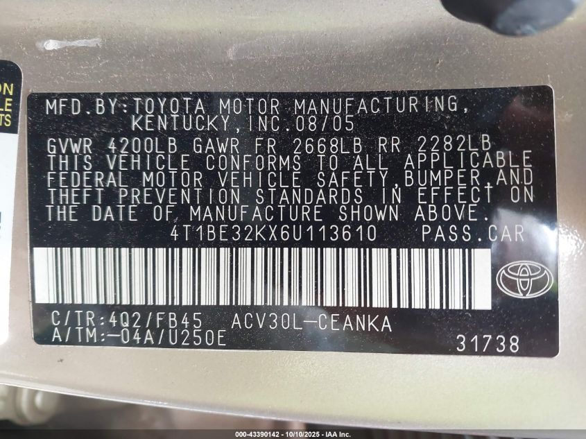 2006 Toyota Camry Le VIN: 4T1BE32KX6U113610 Lot: 43390142
