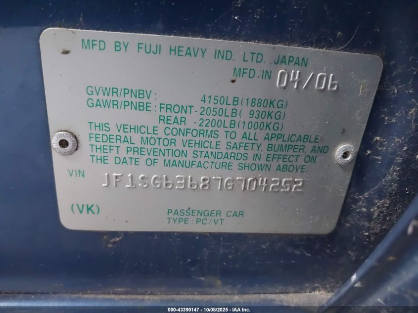 2007 Subaru Forester 2.5X VIN: JF1SG63687G704252 Lot: 43390147