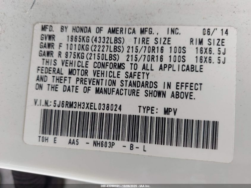 2014 Honda Cr-V Lx VIN: 5J6RM3H3XEL038024 Lot: 43390151