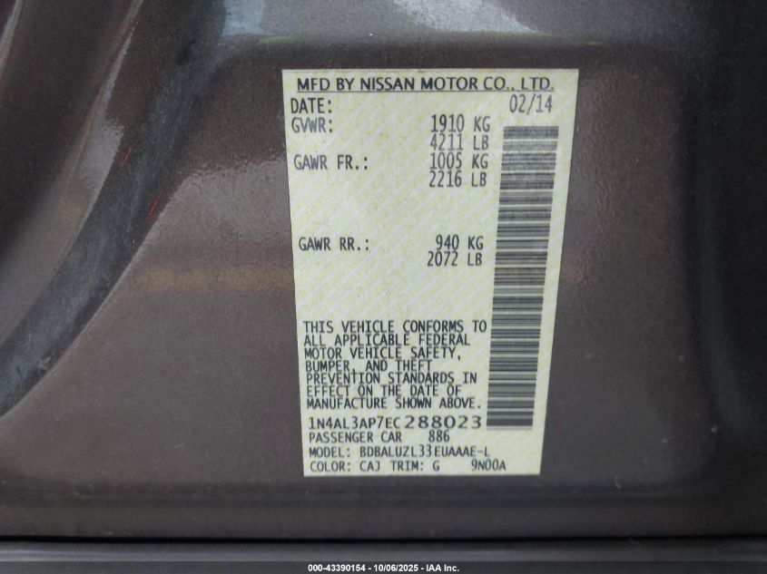 2014 Nissan Altima 2.5 Sv VIN: 1N4AL3AP7EC288023 Lot: 43390154