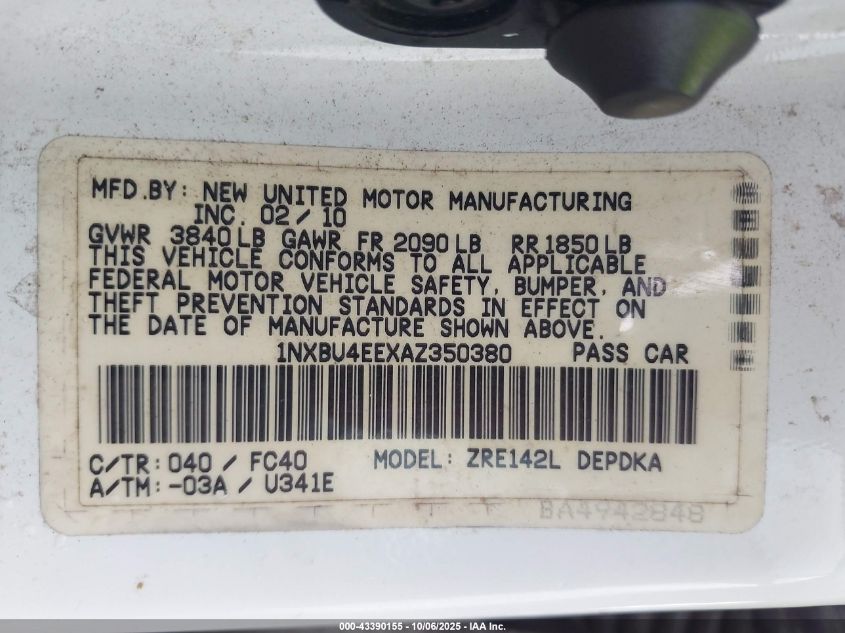 2010 Toyota Corolla Le VIN: 1NXBU4EEXAZ350380 Lot: 43390155