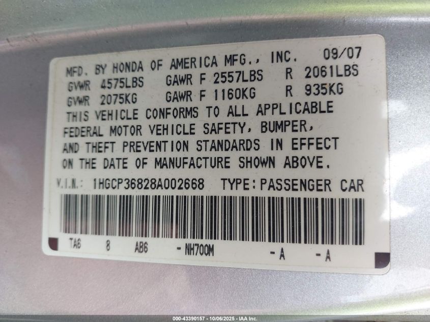 2008 Honda Accord 3.5 Ex-L VIN: 1HGCP36828A002668 Lot: 43390157
