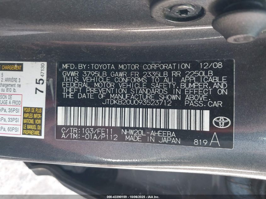 2009 Toyota Prius VIN: JTDKB20U093523712 Lot: 43390159