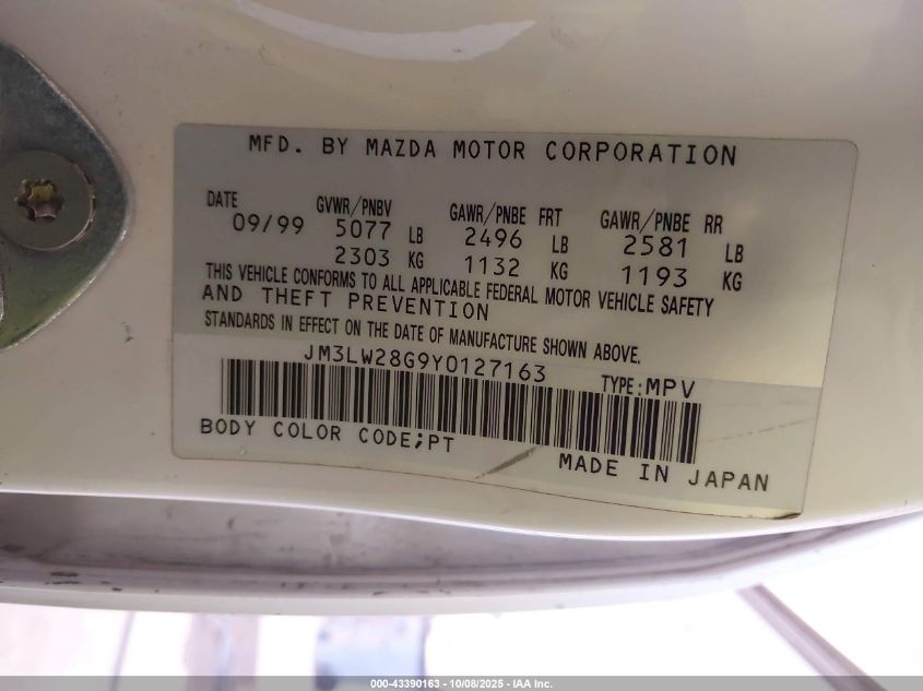 2000 Mazda Mpv Dx/Es/Lx VIN: JM3LW28G9Y0127163 Lot: 43390163