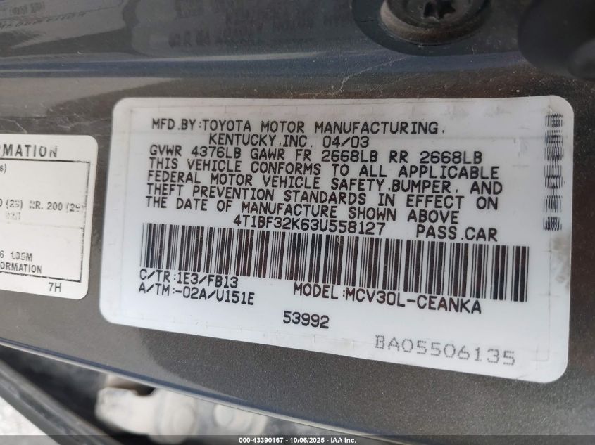 2003 Toyota Camry Le V6 VIN: 4T1BF32K63U558127 Lot: 43390167