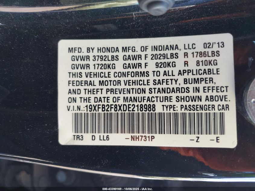 2013 Honda Civic Ex VIN: 19XFB2F8XDE218988 Lot: 43390169