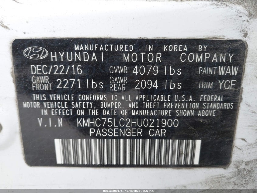VIN KMHC75LC2HU021900 2017 HYUNDAI IONIQ HYBRID SEL