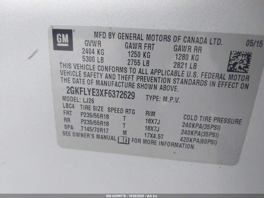 2015 GMC Terrain Slt-2 VIN: 2GKFLYE3XF6372629 Lot: 43390176