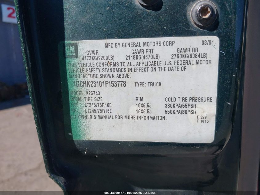 2001 Chevrolet Silverado 2500Hd Lt VIN: 1GCHK23101F153778 Lot: 43390177