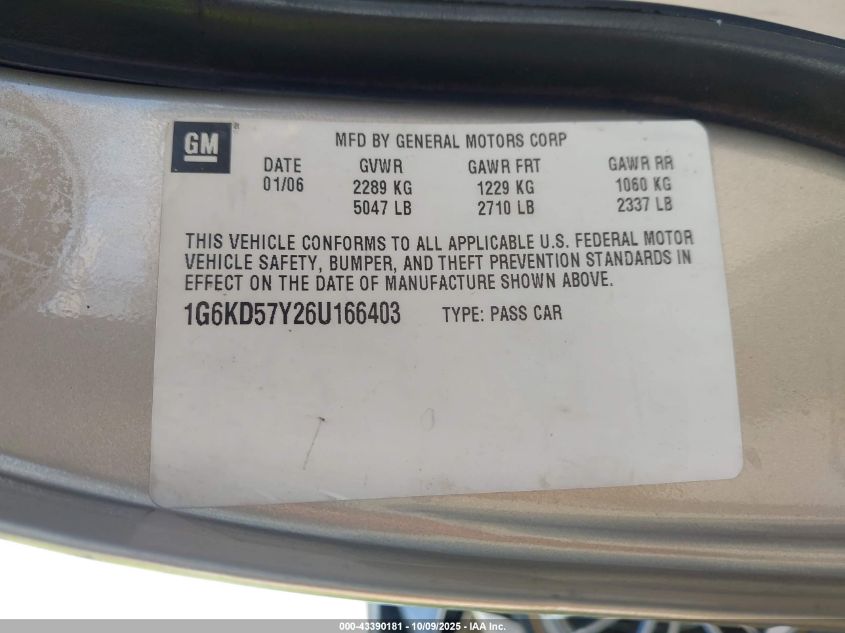 2006 Cadillac Dts Standard VIN: 1G6KD57Y26U166403 Lot: 43390181