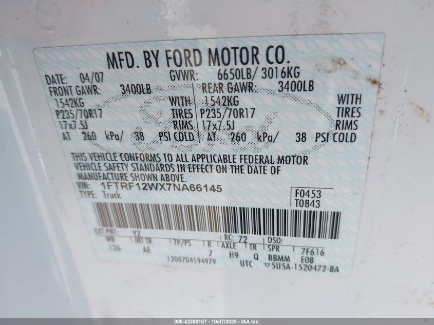 2007 Ford F-150 Stx/Xl/Xlt VIN: 1FTRF12WX7NA66145 Lot: 43390187